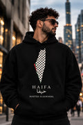 The Map — Watan black hoodie with keffiyeh-pattern map of Palestine