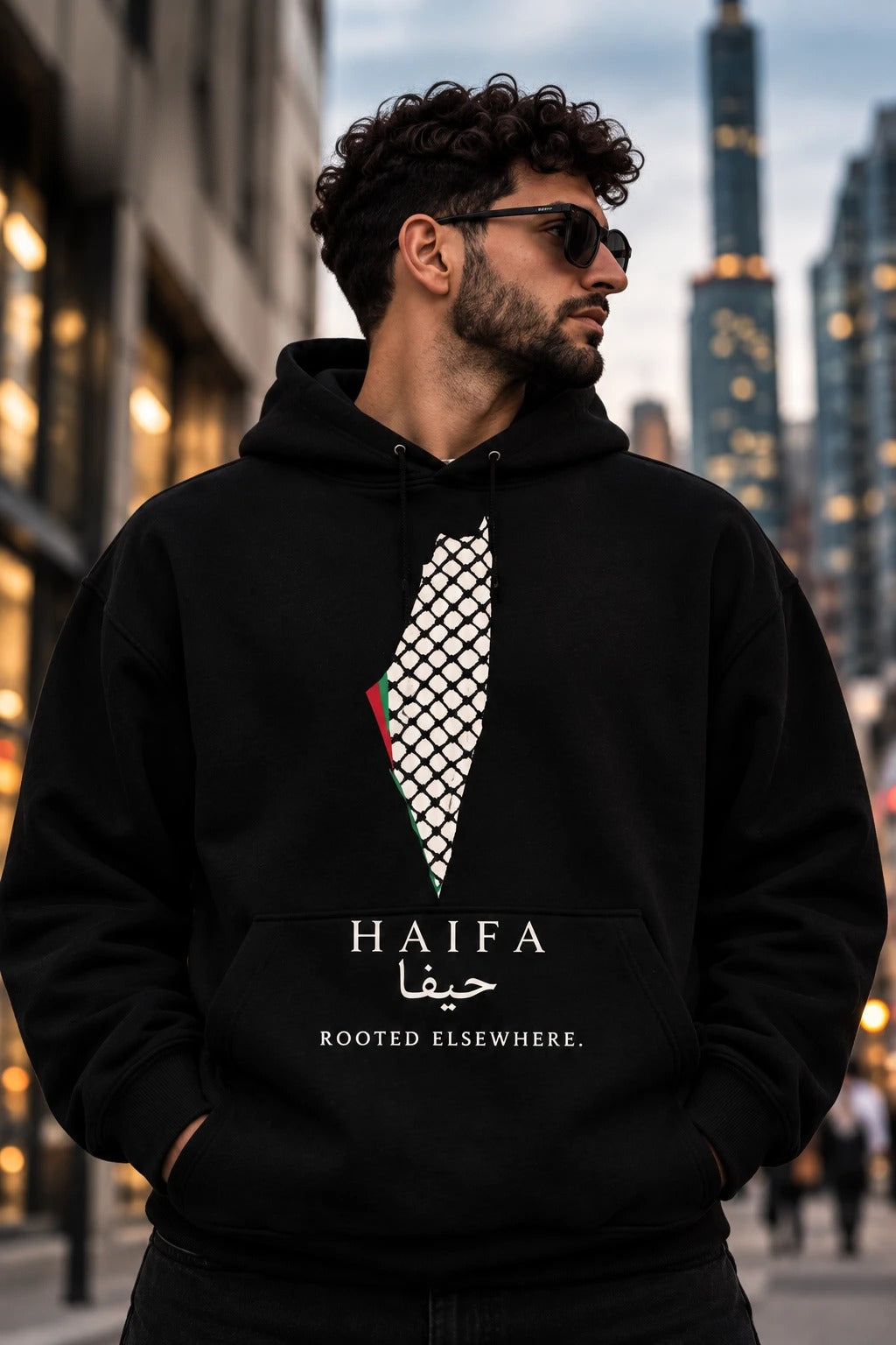 The Map — Watan black hoodie with keffiyeh-pattern map of Palestine